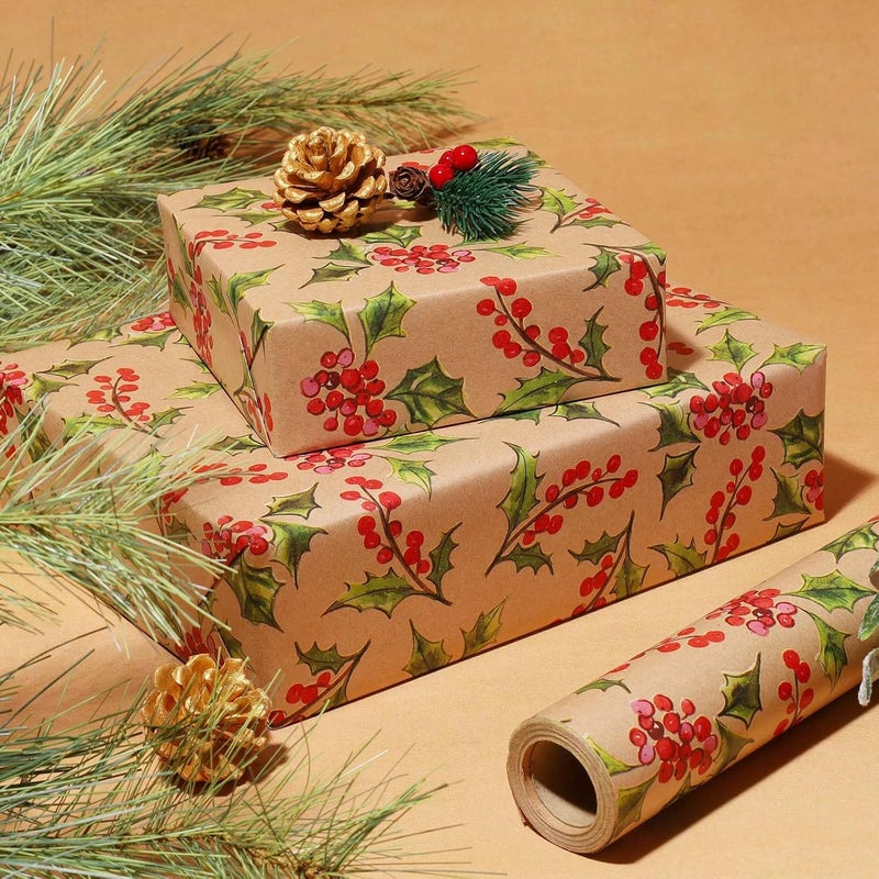 LaRibbons Kraft Christmas Wrapping Paper Mini Roll, Holly Leaves and Red Berries Pattern, for Classic Christmas, Winter Holiday Gift Wrapping, 17" x 33' (46.7 sq. ft) - Image 5